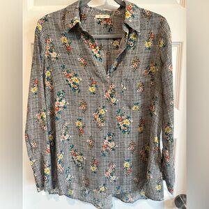 Pleione Women’s Blouse Small Floral Plaid Long Sleeve Top - EUC